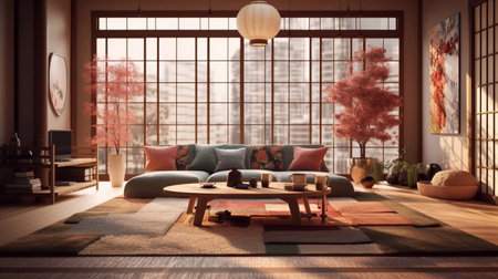 Home interior in japanese style, wall mockup in living room background, 3d renderの素材