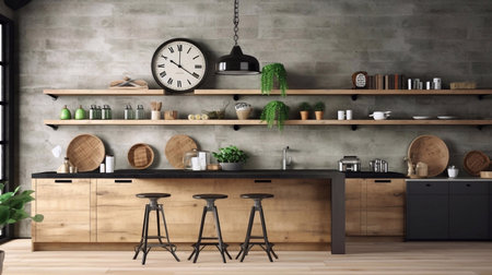 3d rendering of a modern kitchen in a loft with wooden wallsの素材
