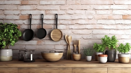 Kitchen utensils on wooden countertop against white brick wallの素材
