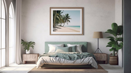 3D rendering of a bedroom interior with a bed and a posterの素材