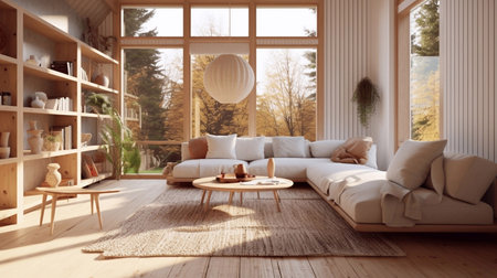 Interior design modern living room 3D rendering image.There are wooden floor,white sofa and coffee table.There are bookshelves in the background.の素材