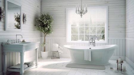 Bathroom with white walls, tiled floor and white bathtub. 3d renderingの素材