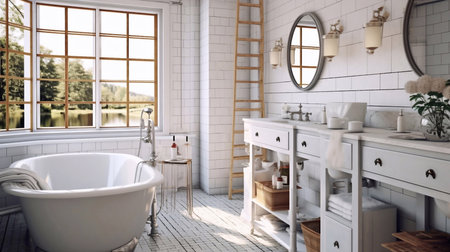 Bathroom with white walls, tiled floor and white bathtub. 3d renderingの素材