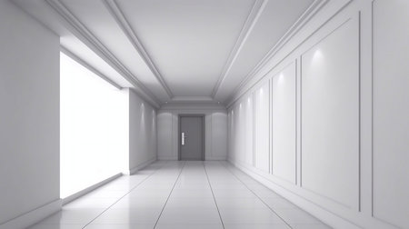 3d rendering of a white corridor with arches and a windowの素材