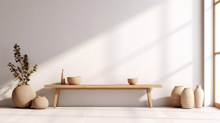 Interior of modern living room with white walls, concrete floor, wooden coffee table and vases. 3d renderingの素材