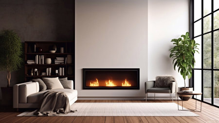 modern living room with fireplace and armchair - 3D Renderingの素材