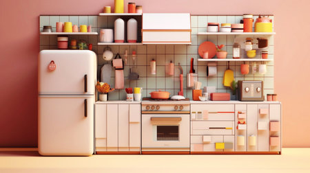 Kitchen interior in pink tones. 3D rendering. Computer digital drawing.の素材