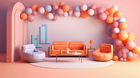 Interior of children's room with pink sofa and pastel balloons - 3d rendering. Birthday Decorationの素材