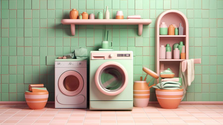 Laundry room interior with washing machine and clothes. 3d renderingの素材