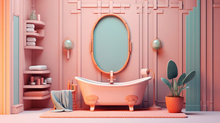 Bathroom interior with bathtub and mirror. 3D renderingの素材