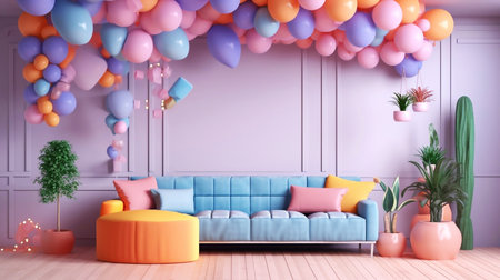 Living room with blue sofa and colorful balloons - 3D Rendering. Birthday Decorationの素材