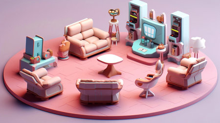 3d illustration of an isometric living room with armchairs and furnitureの素材