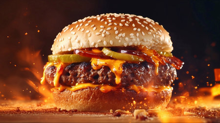Close-up of tasty cheeseburger with flying ingredients on dark backgroundの素材