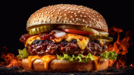 Big tasty cheeseburger with beef patty, tomato sauce and cheese on black backgroundの素材