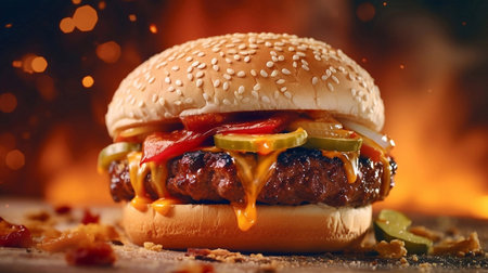 Big tasty hamburger with meat, cheese and vegetables on wooden tableの素材