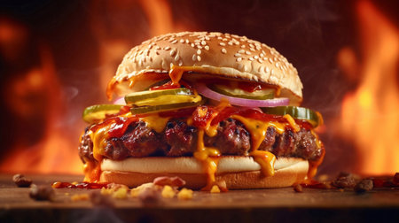 Close-up of a tasty hamburger on a wooden table with fire in the backgroundの素材