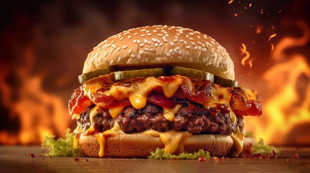 Closeup of tasty cheeseburger on wooden table with fire on backgroundの素材