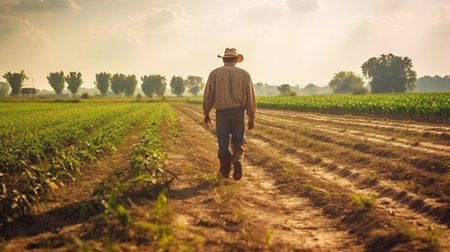 Farmer walking in corn field. Farmer walking in corn field.の素材