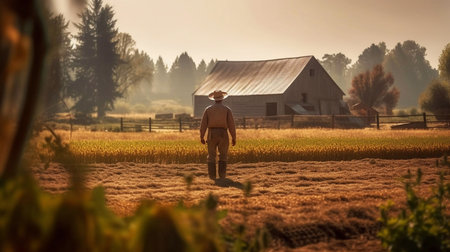 Farmer standing in front of a barn in the corn field.の素材