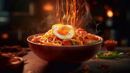 dried Korean spicy instant noodles with fried eggの素材