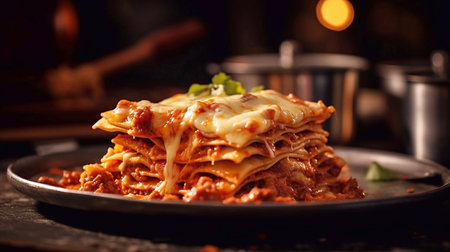 Tasty lasagna with bolognese sauce on black plateの素材