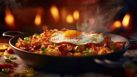 Rice with fried egg in frying pan on fire background, closeupの素材