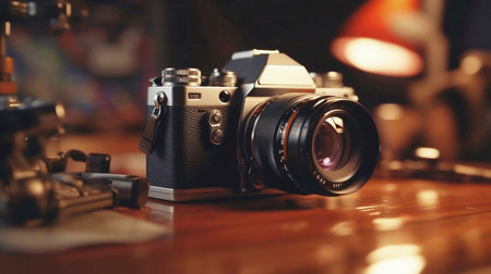 Old camera on the table. Selective focus. Shallow depth of fieldの素材