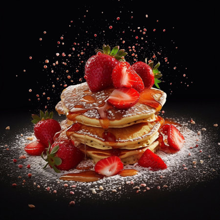 Pancakes with strawberries, honey and powdered sugar on black backgroundの素材