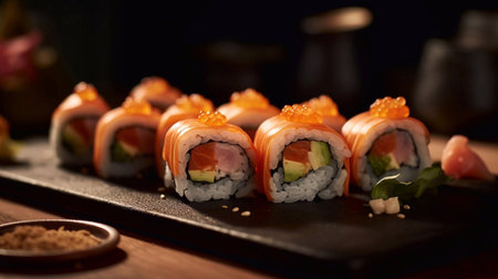 sushi set on a black plate, close-up, horizontalの素材