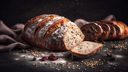 Freshly baked bread on a wooden table with flour and wheat earsの素材