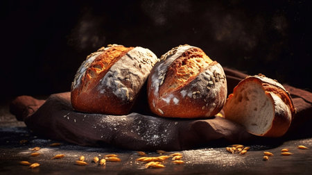 Freshly baked bread on a wooden table with flour and wheat earsの素材