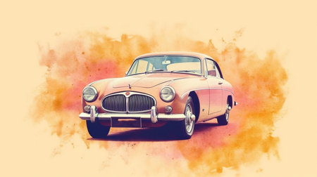 Vintage car on watercolor background. Retro car on watercolor background.の素材