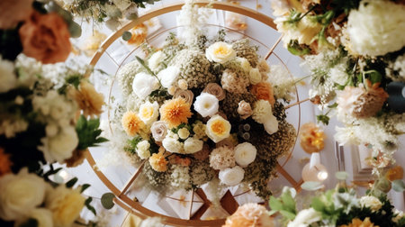 Wedding bouquet of white and orange flowers on the tableの素材