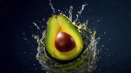 Avocado with water splash on black background. Healthy food concept.の素材