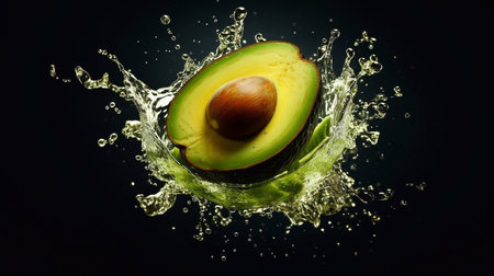 Avocado with water splash on black background. Healthy food concept.の素材