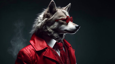 Portrait of a wolf in a red jacket on a dark backgroundの素材