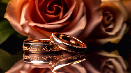 wedding rings and rose on a black background. close upの素材