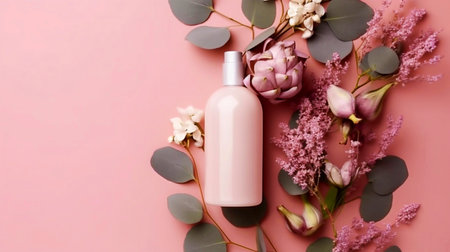 Bottle of cosmetic products with flowers and eucalyptus branches on pink backgroundの素材