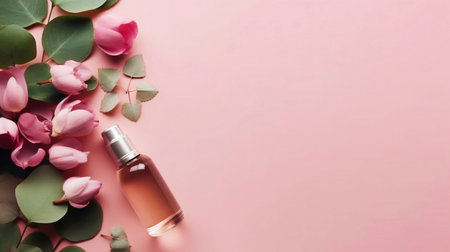 bottle of perfume with pink flowers and eucalyptus branches on pink backgroundの素材