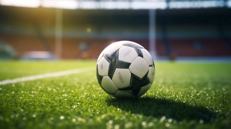 Soccer ball on the green field of stadium. Close up view.の素材