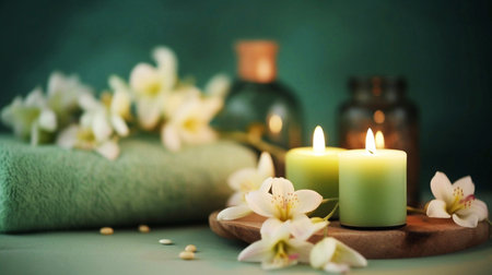 Spa still life with candles, towel and flowers on green backgroundの素材