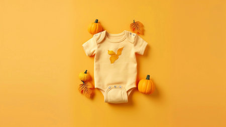 Baby clothes and pumpkin on yellow background, top view. Space for textの素材