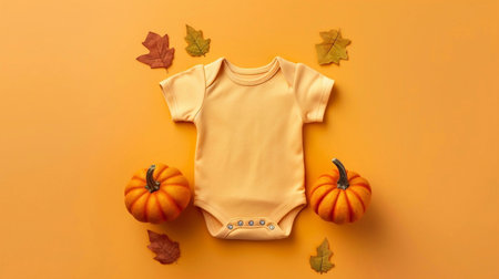 Baby clothes and pumpkins on color background. Flat lay, top viewの素材