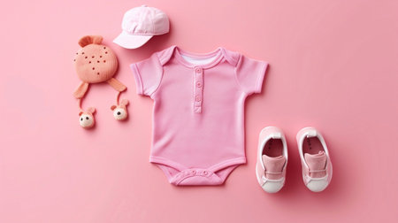Baby clothes and accessories on pink background. Flat lay, top viewの素材