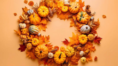 Autumn wreath made of pumpkins and leaves on color backgroundの素材