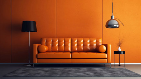 Orange living room interior with orange sofa and black floor lamp - renderingの素材