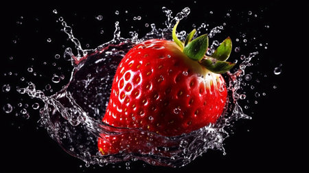 Strawberries in water splash on black background. 3d illustrationの素材
