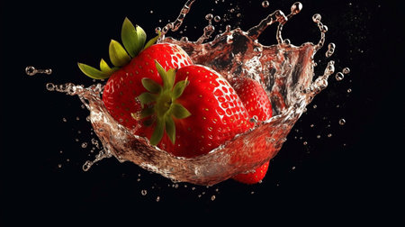 Strawberries in water splash on black background. 3d illustrationの素材