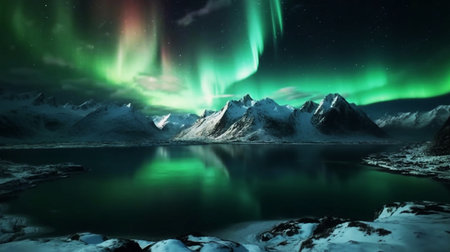 Amazing scenery of green aurora borealis shining in night sky over snowy mountain ridge near lake at nightの素材