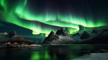 Amazing scenery of green aurora borealis shining in night sky over snowy mountain ridge near lake at nightの素材